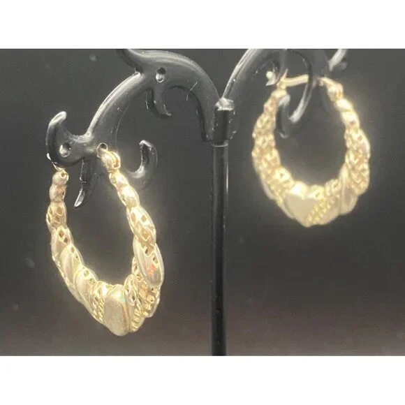 Sterling Silver 925 Heart Hoop Earrings Textured Diamond Cut Thailand 1" 2.62g - Picture 2 of 9